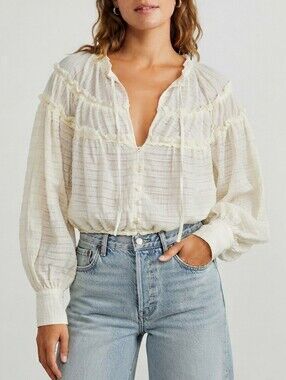 Free People Hailey Crinkle Peasant Blouse Ivory Cottagecore Boho Bishop Sleeve M